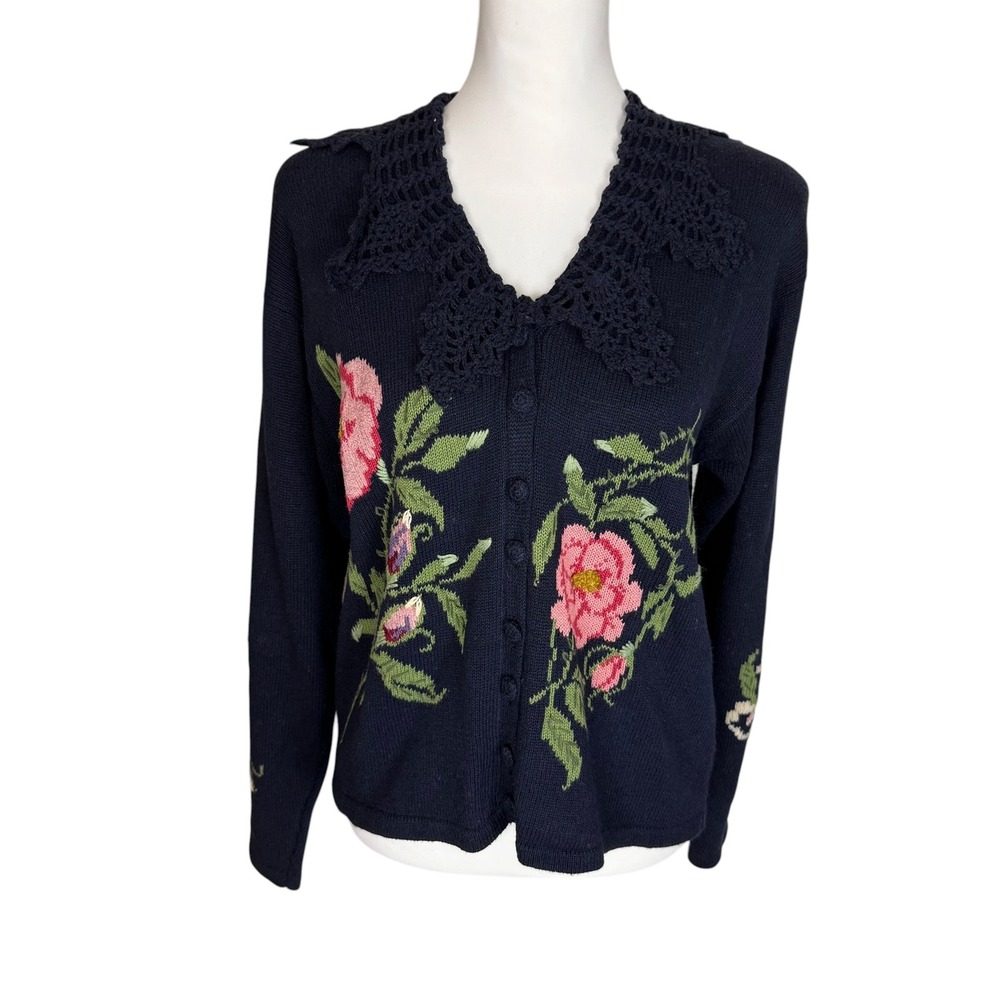 Susan‎ Bristol Vintage 90s Navy Floral Crochet Collar Cardigan Sweater M